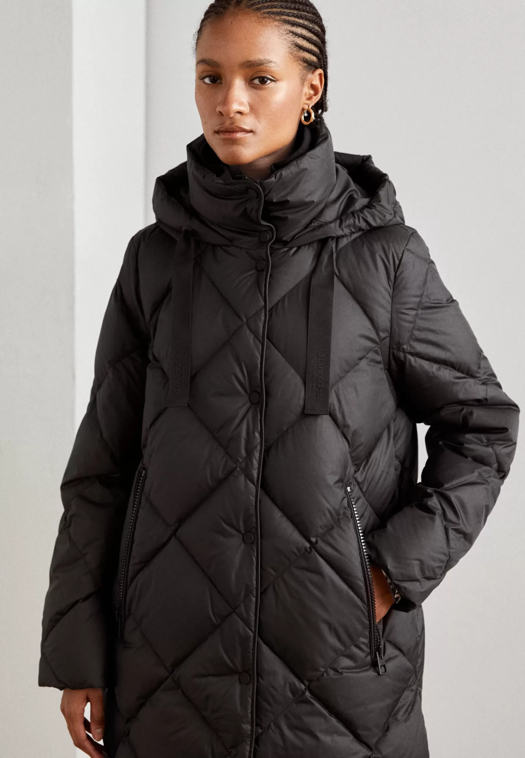 Online Coat Fixed Hood Side Slits Zipper Pockets Logo Tapes - Piumino Donna Piumini Lunghi