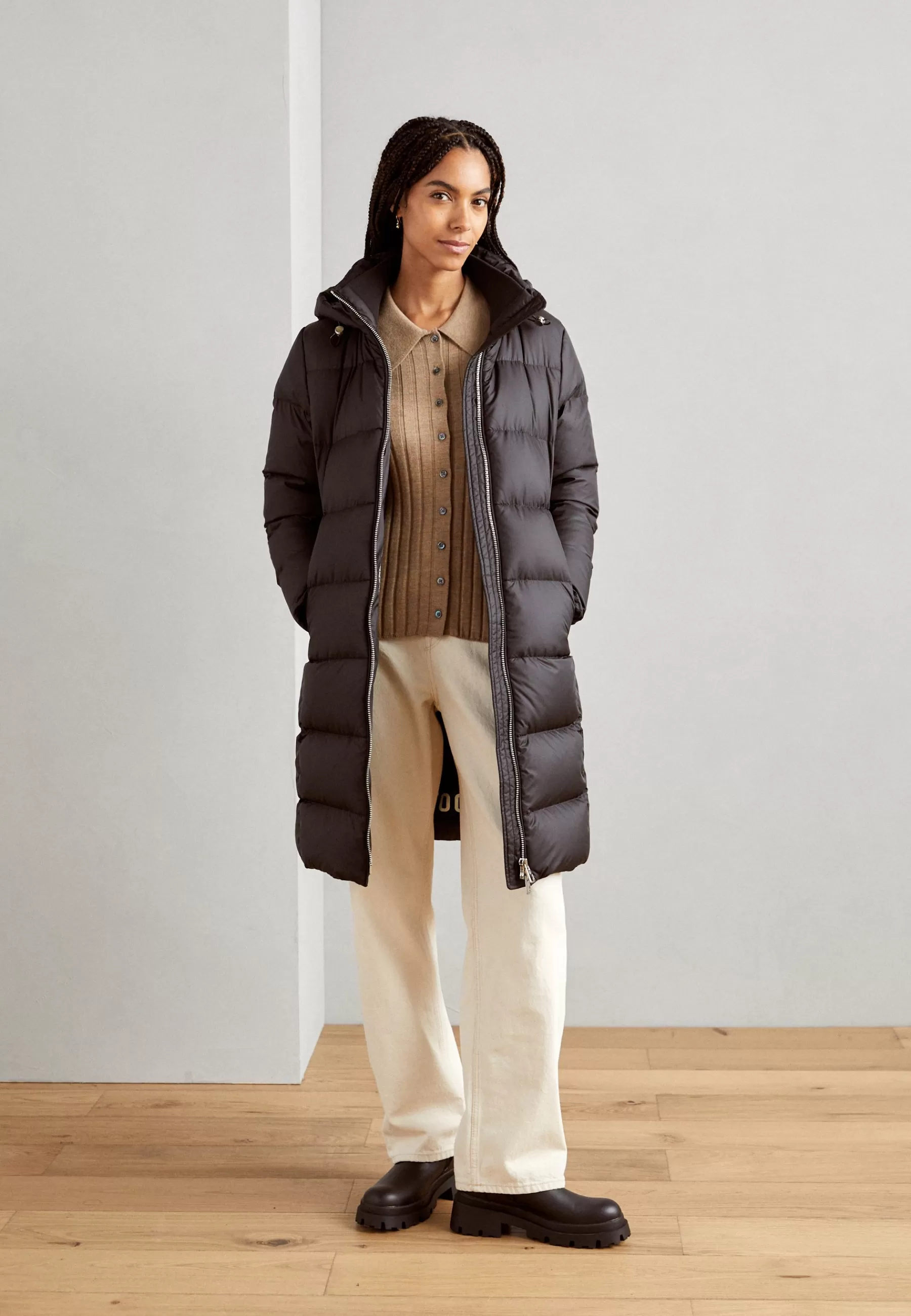 Fashion Feminine Coat Fixed Hood Stand Up Collar Zipper Pockets - Piumino Donna Piumini Lunghi